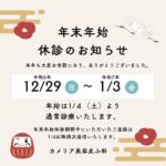 本年も大変お世話になりました。
たくさんの皆様の支えがあり、無事1年を終えることができ、心より感謝申し上げます☺️

カメリア美容皮ふ科の年末年始の休診期間についてお知らせ致します。

令和6年12月29日(日)～令和7年1月3日(金)までの期間を休診とさせていただきます。

年始は1/4(土)より、診療開始いたします。

※年末年始休診期間中に頂いたLINE等のお問い合わせは1/4以降に順次返信いたします。
※12/28の診療時間は17時までとさせて頂きます。
※～1/4の予約変更に関しまして～
お電話、受付で予約をされた方で予約日時の変更をご希望の場合、12/28の17時までにお電話で予約の変更をお願い致します。
Webで予約された方は24時間前までの変更でしたら、Webからご自身で予約変更可能です。

2025年もカメリア美容皮ふ科をよろしくお願いいたします🎍🌅🎍